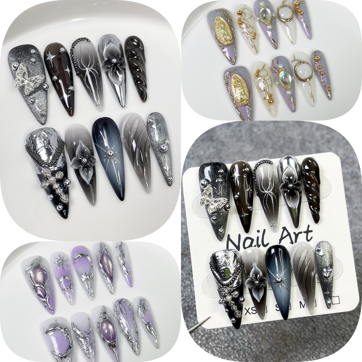 Pressed Flower Art - 10 Adet Siyah Gradyan Uzun Stiletto