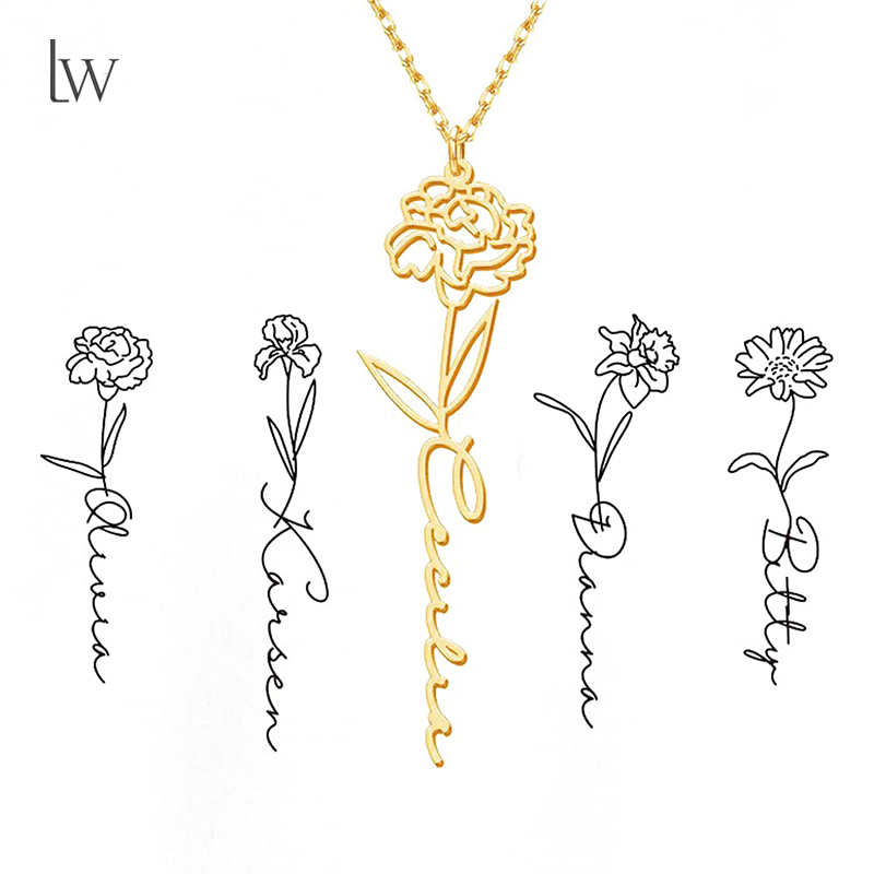 Birth Flower Necklace - Kişiselleştirilmiş Doğum Çiçeği İsimli Kolye Özel